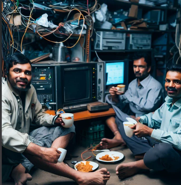 workers enjoying tea samosa in AWS cyber cafe